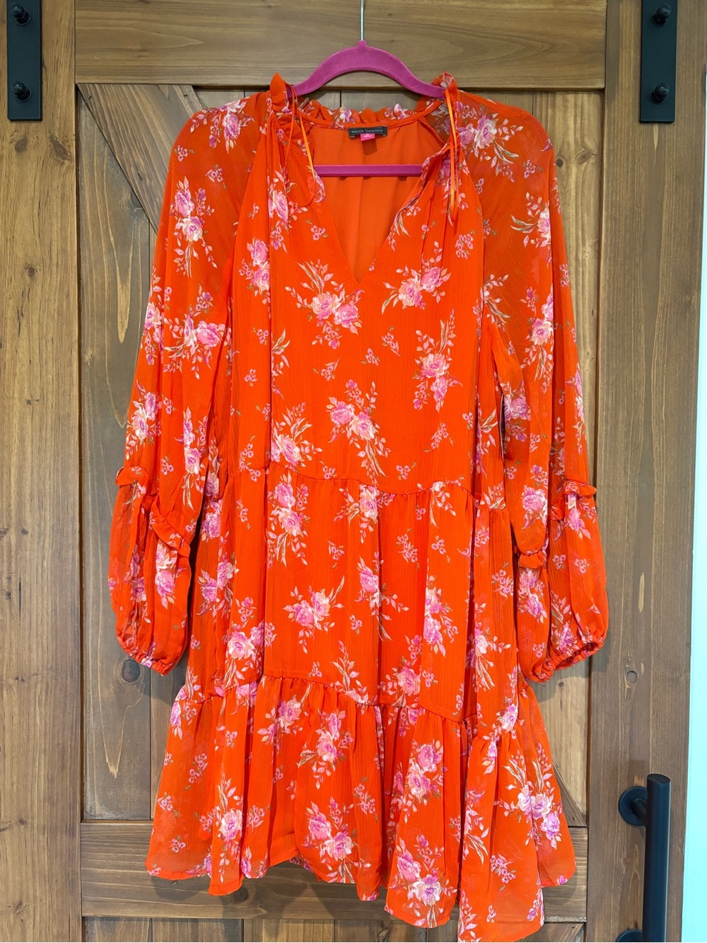 Vince Camuto Orange Floral Long-Sleeve Tie-Neck Tiered Dress